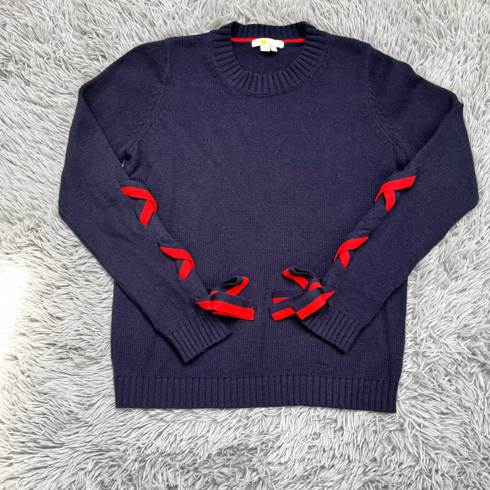 Boden Angelica Navy and Red Lace Up Bow Sleeve Sweater, Size Medium SO SOFT! EUC